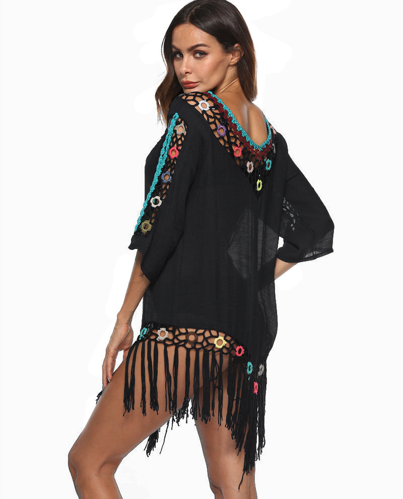Womens Boho Beach Cover-Up With Tassel Hem - Sexy Crochet V-Neck Beach Dress